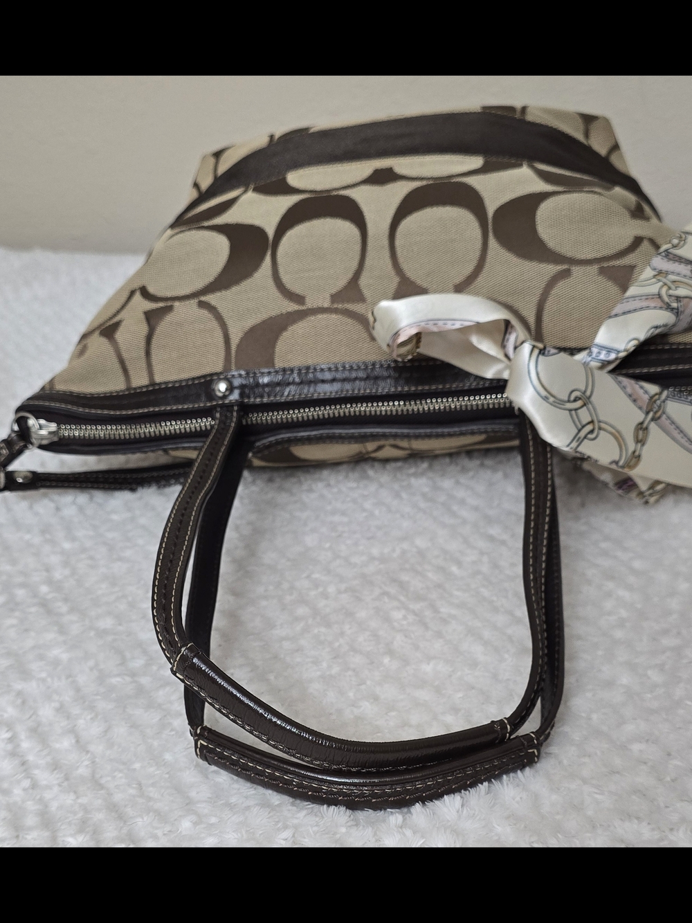 Coach Signature Stripe Canvas Tote Bag Brown Khaki Leather Trim Zip Top - Picture 6 of 11